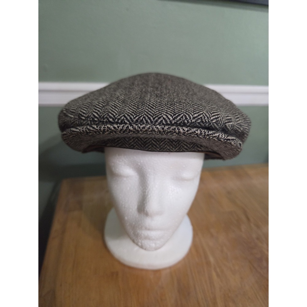 Vintage Cabbie Newsboy Hat Cap Fitted Large Men Brown Herringbone Tweed Wool USA